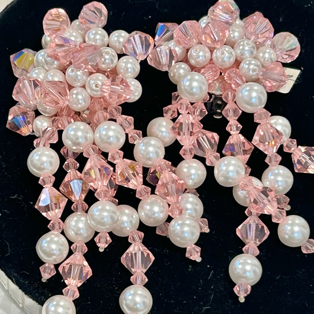 Swarovski Pink Crystal & White Pearl XL cluster Dangle Earring Loaded Beads N🌸